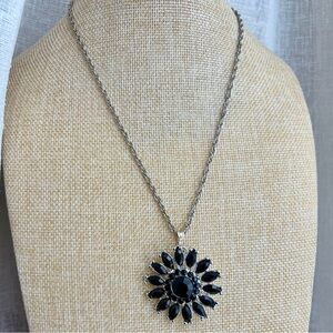 Vintage black crystal brooch pendant‎ necklace on a sterling silver chain